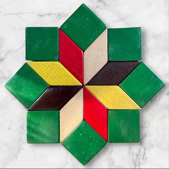 Vintage Wooden Abstract Star Design Trivet Western Germany Retro Kitchen Diamond - Picture 3 of 4